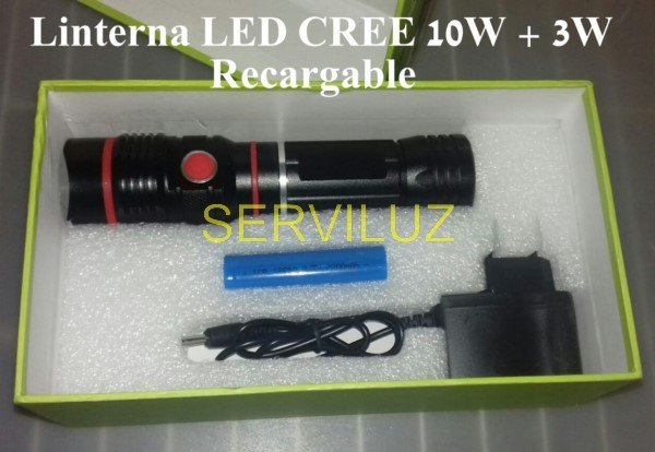 Linterna LED CREE Recargable profesional de 10W de Potencia + 3W